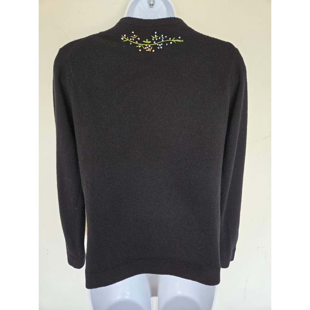 Vtg 60s 70s Black Lambswool Floral Embroidered Cardigan S Folk Art Cottage Fairy - Picture 7 of 11